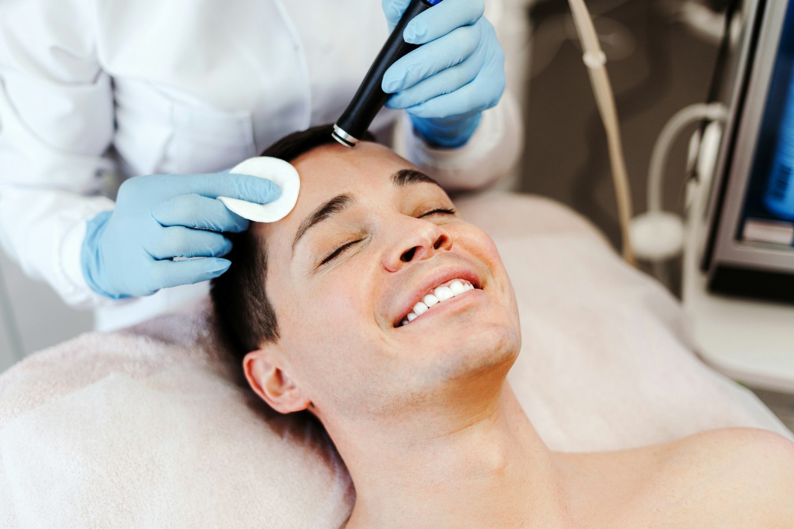 Profession cosmetologist making vacuum facial skin cleaning for smiling man in beauty salon